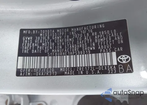 2017 Toyota Corolla Se Special Edition from USA, damaged, VIN 5YFBURHE1HP598019